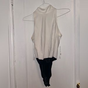 White, open back, mock neck bodysuit